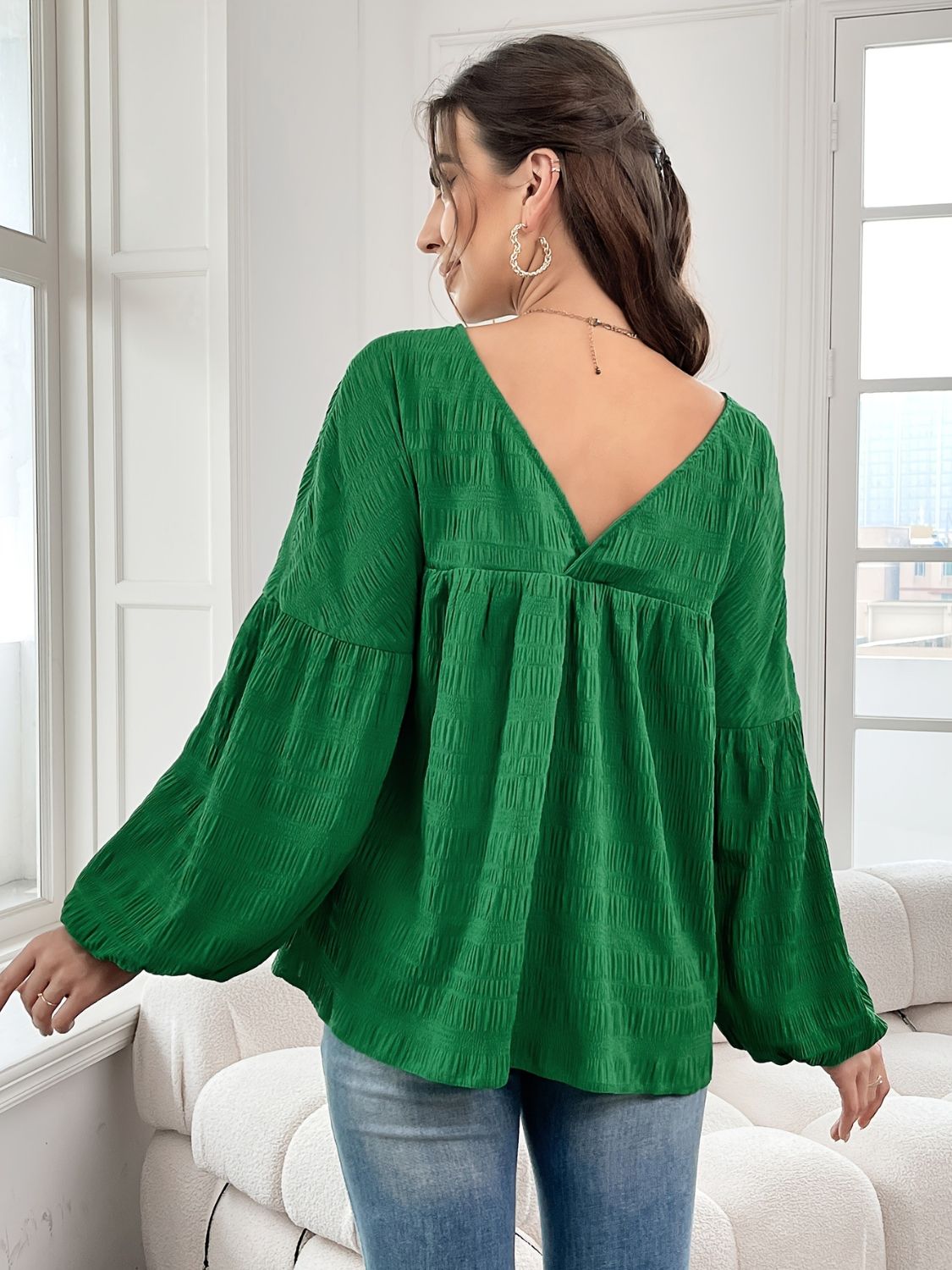 Plus Size Texture V-Neck Long Sleeve Top - felvior