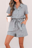 Stripe Chest Pockets Tie Waist Romper