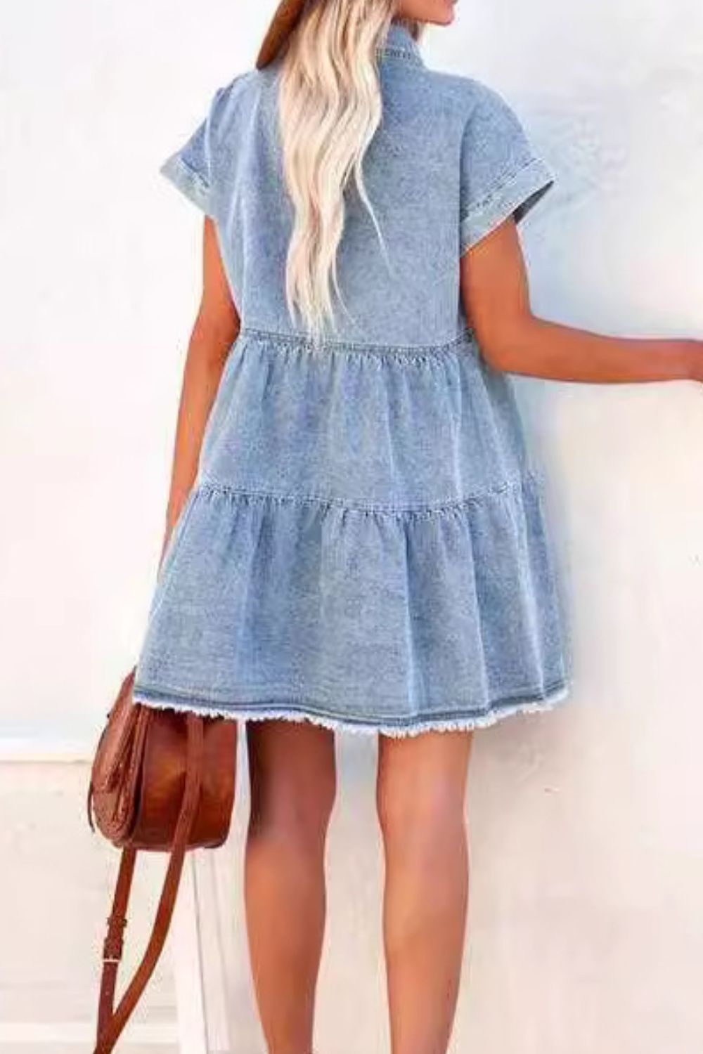 Raw Hem Button Down Denim Mini Dress - felvior