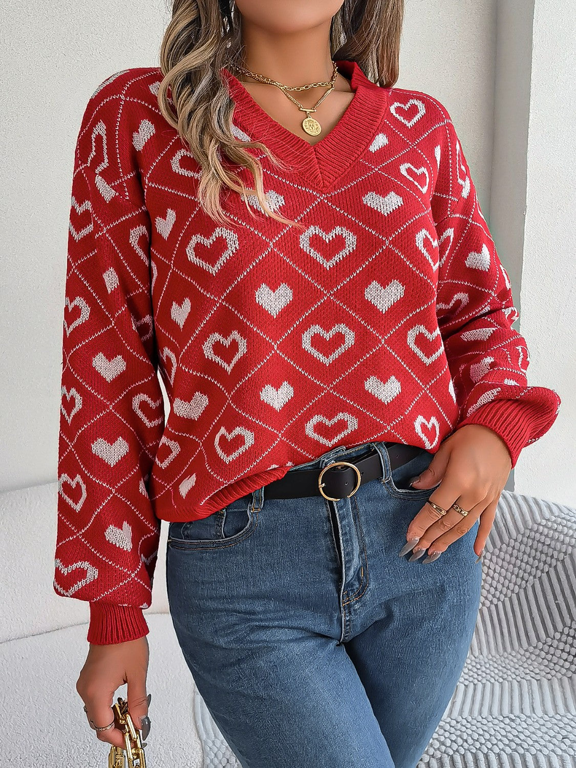Heart Pattern V-Neck Long Sleeve Sweater - felvior