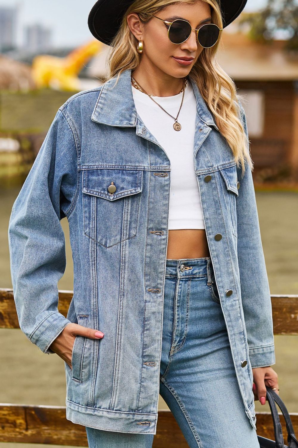 Buttoned Collared Neck Denim Jacket with Pockets - felvior