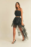MABLE Tulle Tube Ruffle Crop Top and High Low Maxi Skirt Set