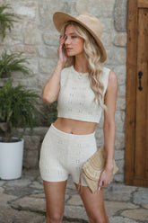 Eyelet Round Neck Tank and shorts Sweater Set