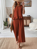 Ruffled Round Neck Top and Wide Leg Pants Set