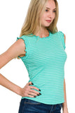 Zenana Ribbed Ruffle Trim Sleeveless Stripe Top