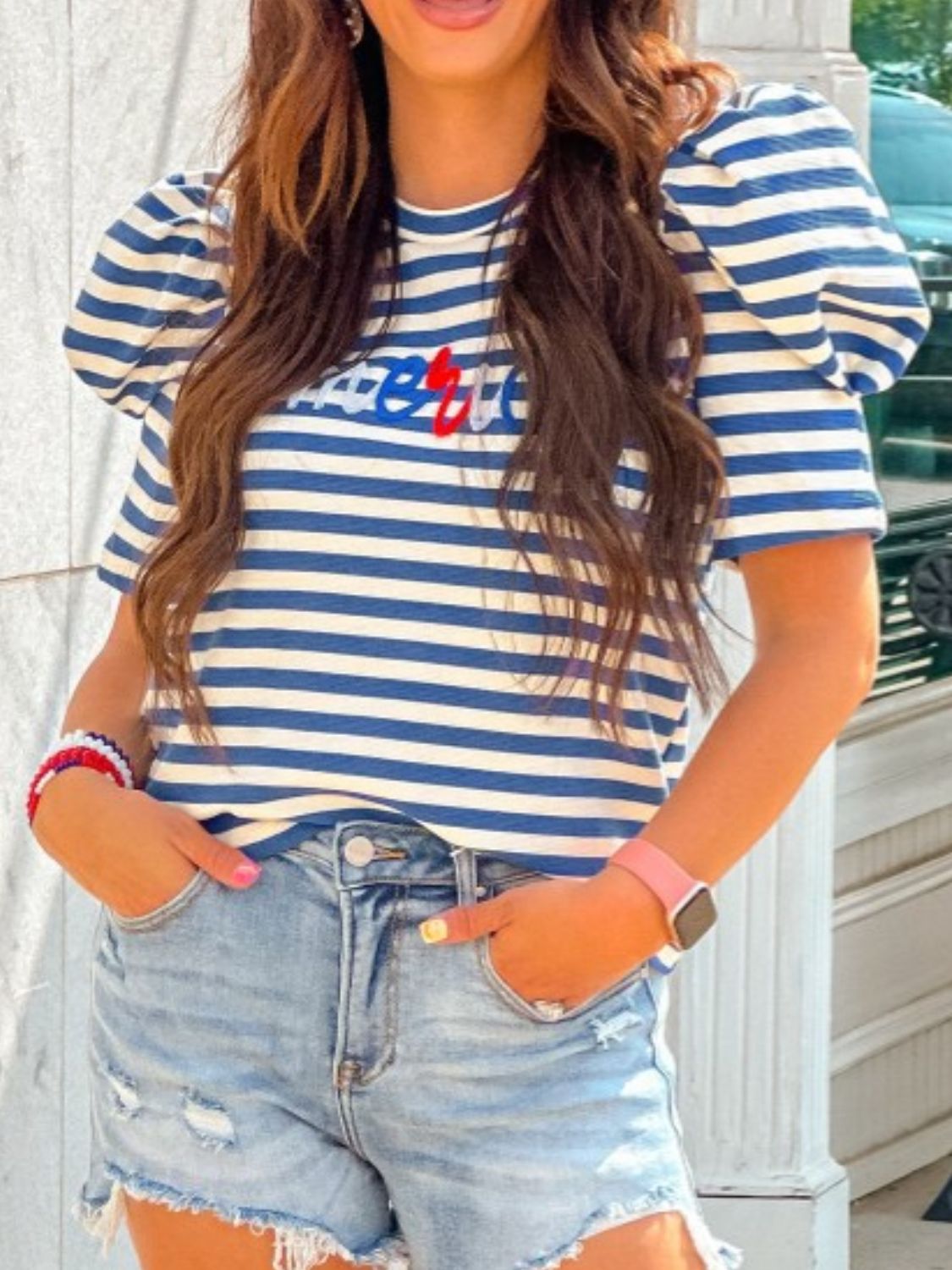 AMERICA Striped Round Neck Puff Sleeve Top - felvior