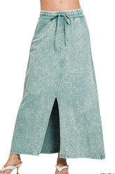 Zenana French Terry Acid Washed Front Slit Long Skirts