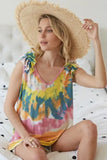 BiBi Circular Tie Dye Knit V Neck Top With Ruffle
