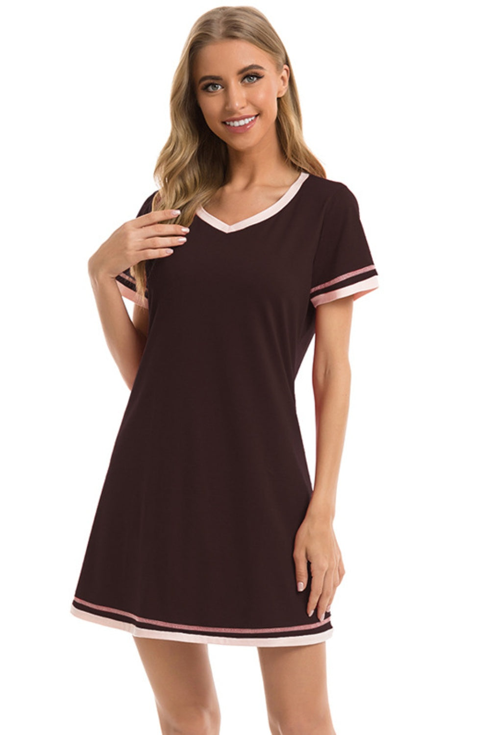 Contrast Trim Short Sleeve Lounge Dress - felvior
