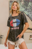 BiBi Laser Cut Mineral Washed Old Glory Lip Print Top