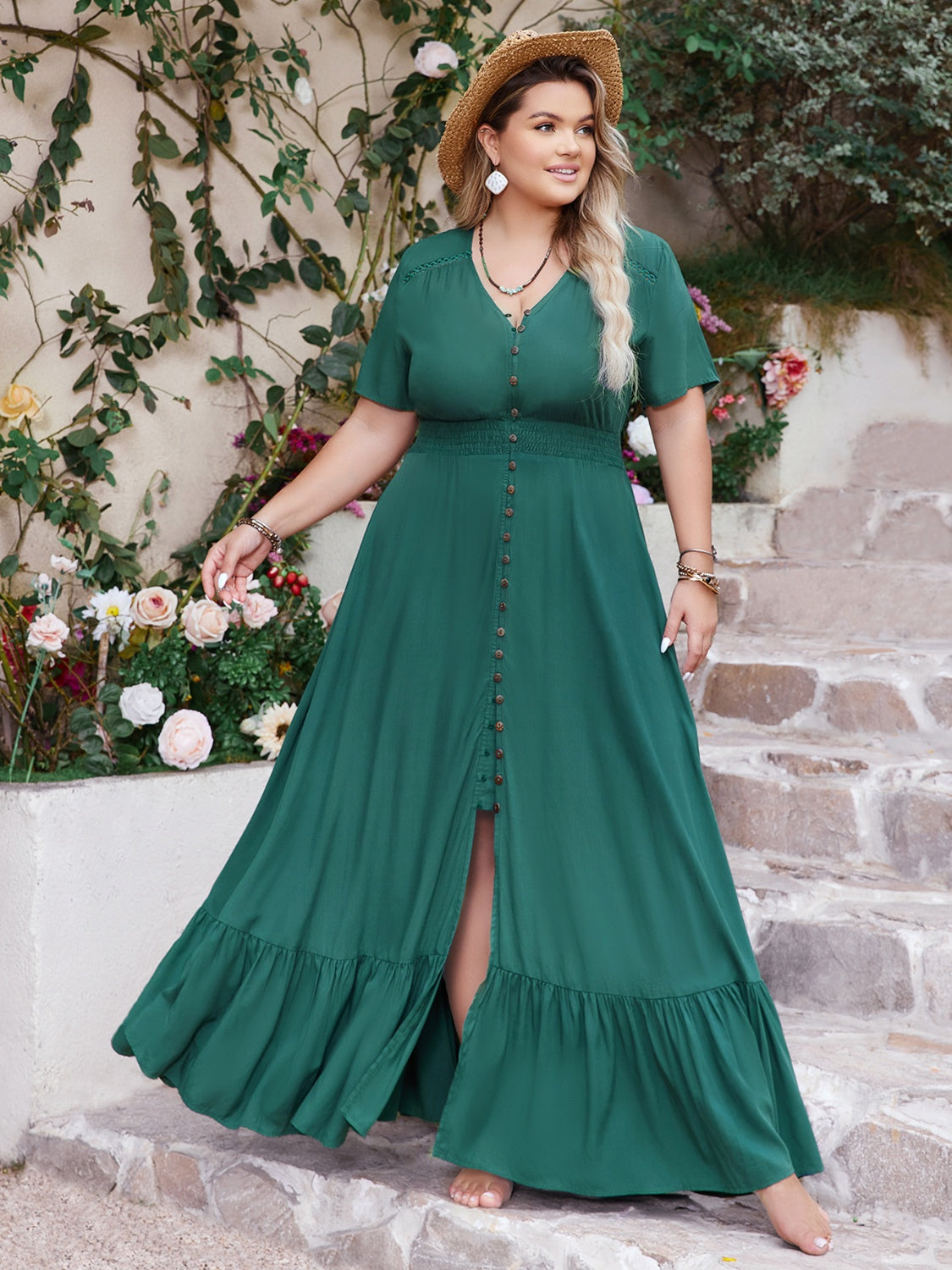 Plus Size Button Detail V-Neck Short Sleeve Maxi Dress - felvior