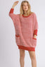 Umgee Full Size Ribbed Hem Round Neck 3/4 Sleeve Sweater Dress with Pockets Plus Size