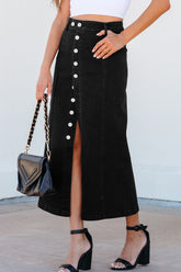Button Fly Side Split Denim Midi Skirt