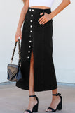 Button Fly Side Split Denim Midi Skirt