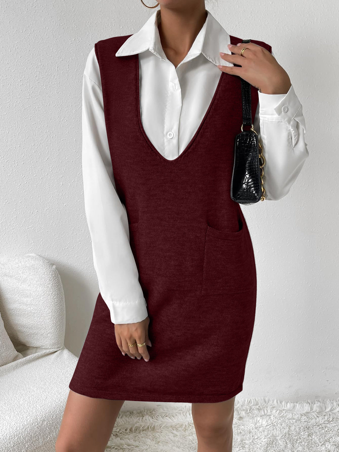V-Neck Sleeveless Sweater Dress with Pockets - felvior