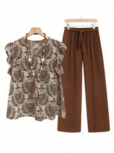 Printed Ruffled Cap Sleeve Top and Pants Set