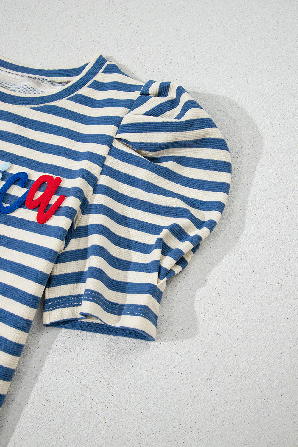 AMERICA Striped Round Neck Puff Sleeve Top - felvior