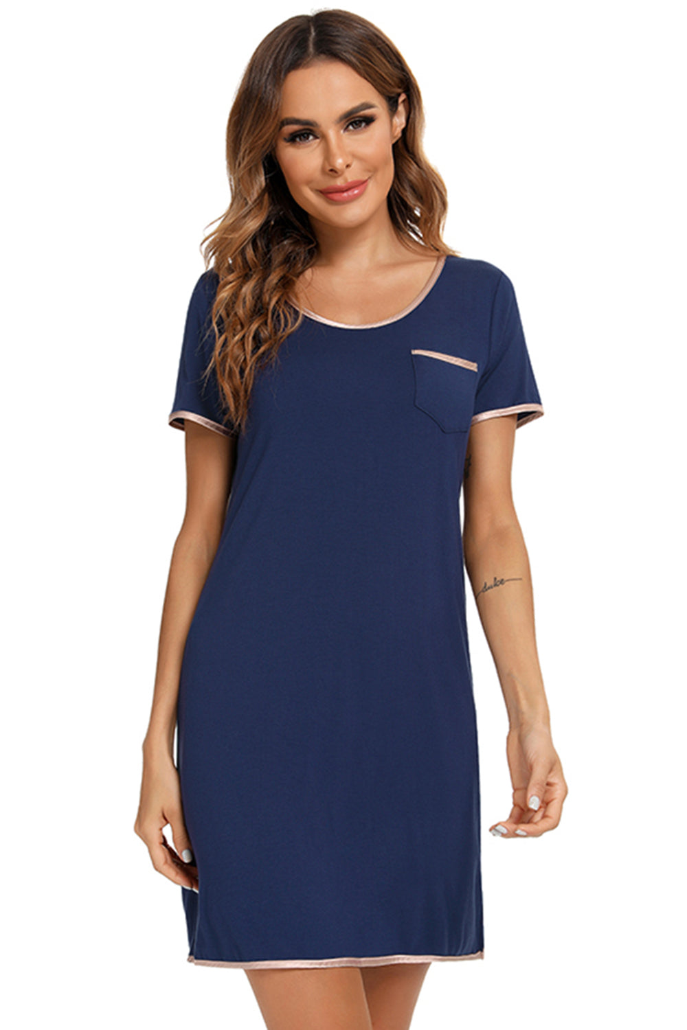 Contrast Trim Pocketed Round Neck Lounge Dress - felvior