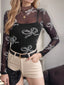 Printed Mock Neck Long Sleeve Mesh T-Shirt