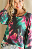 BiBi Tie Dye Print Terry Top with Puff Sleeves
