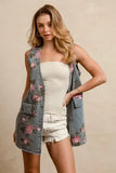 BiBi Floral Print Washed Denim Long Rider Vest