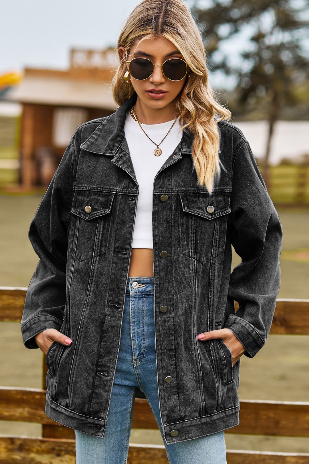 Buttoned Collared Neck Denim Jacket with Pockets - felvior