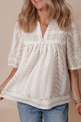 Geometric Jacquard Notched Half Sleeve Blouse
