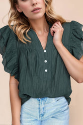 Frilled Notched Ruffled Cap Sleeve Blouse