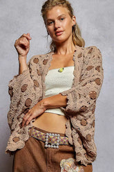POL Openwork V-Neck Chenille Cardigan with Contrast Floral