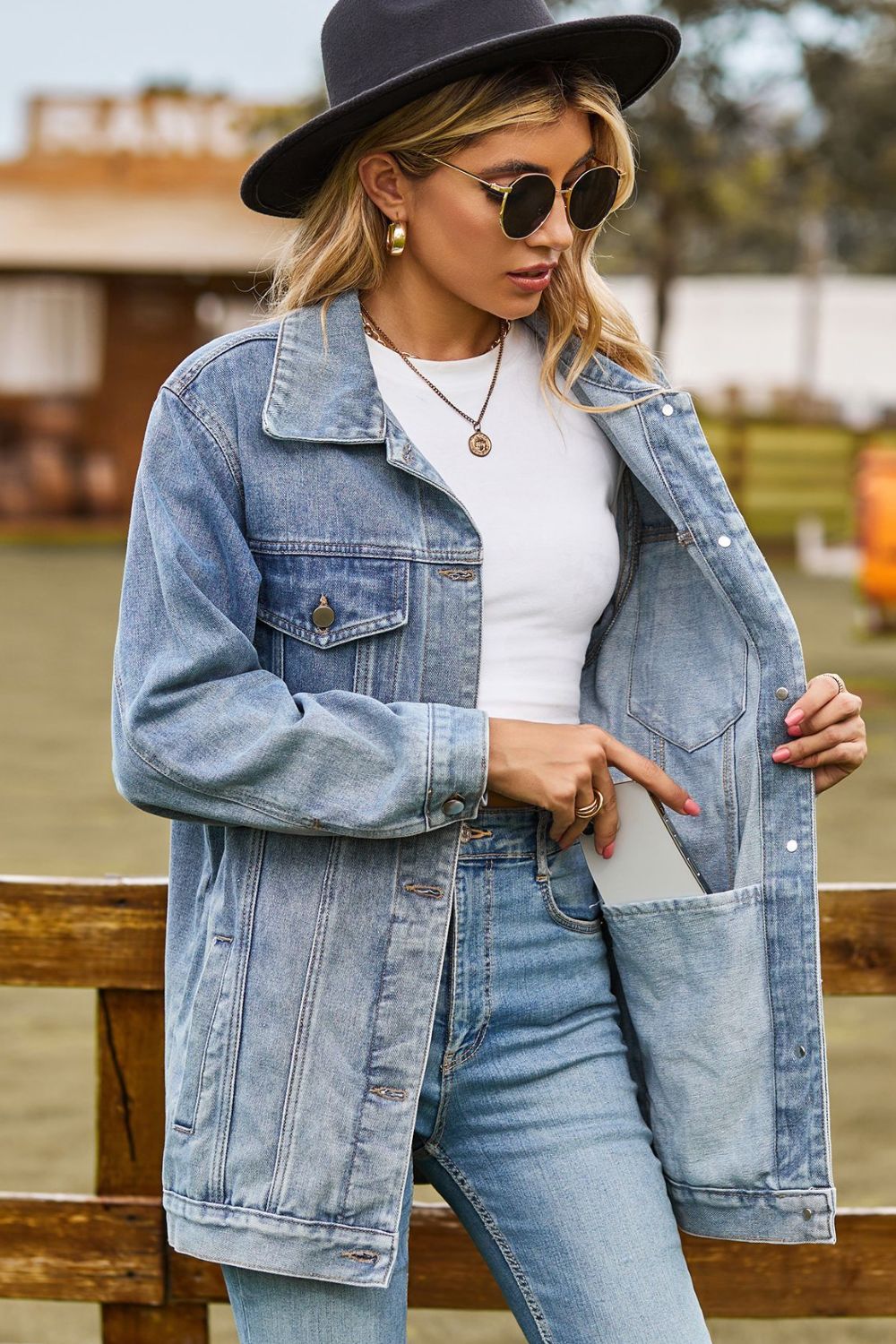 Buttoned Collared Neck Denim Jacket with Pockets - felvior