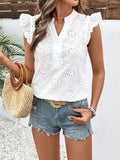 Perfee Eyelet Notched Ruffled Cap Sleeve Blouse