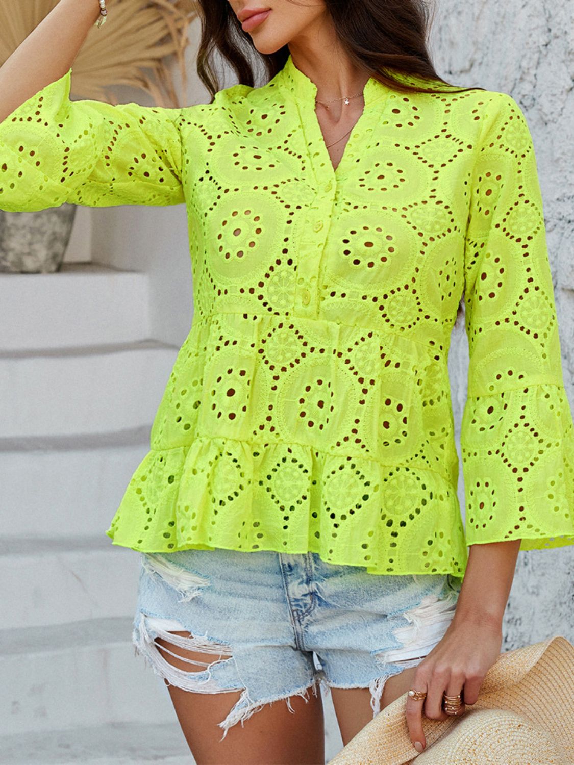 Devine Half Button Flounce Sleeve Peplum Blouse - felvior