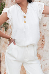 Ruffled Tie Neck Cap Sleeve Blouse