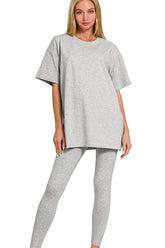 Zenana Cotton Round Neck Top & Legging Set