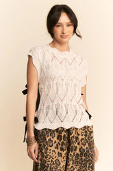 Davi & Dani Ribbon Bow Ties Scalloped Trim Knit Semi Crop Top