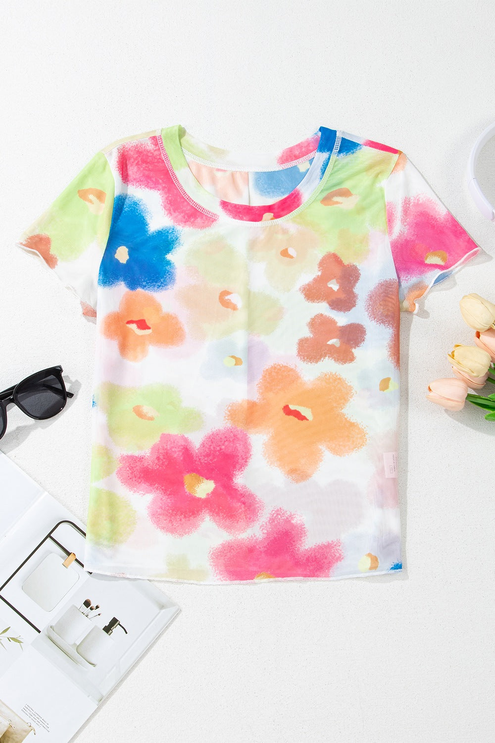 Printed Round Neck Short Sleeve Blouse - felvior