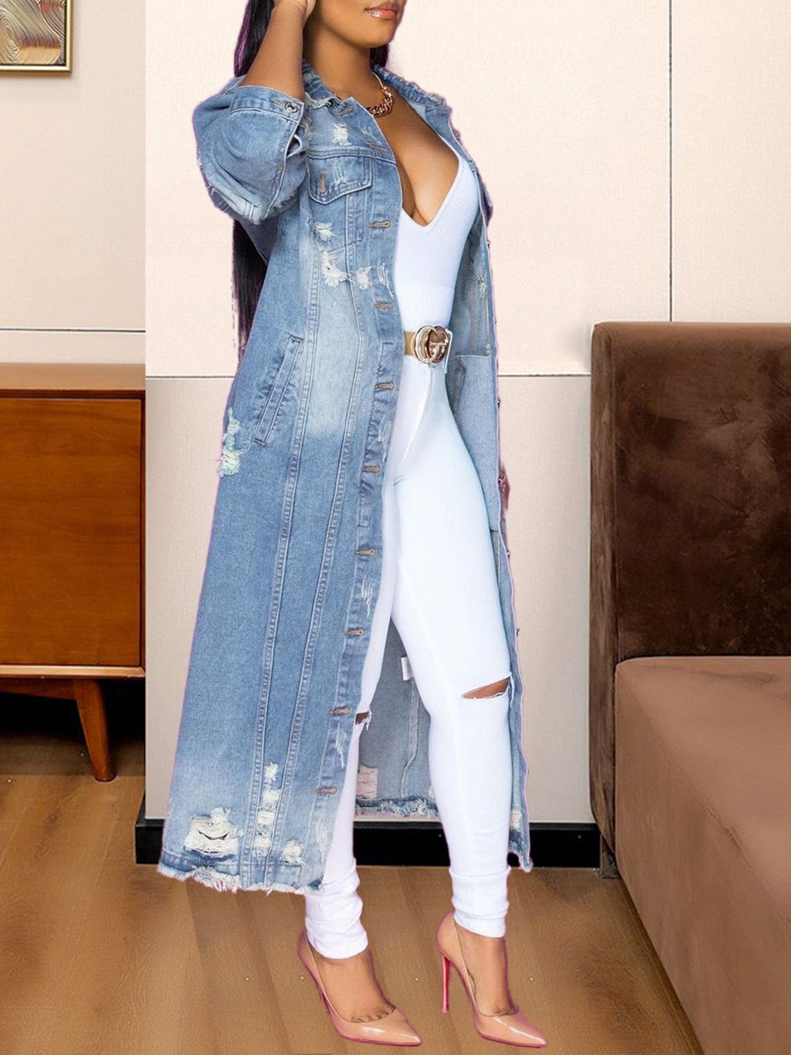 Long Sleeve Raw Hem Denim Jacket - felvior