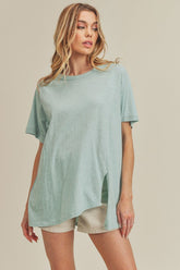 Aemi + Co Asymmetrical Front Slit Round Neck Raglan Sleeve T-Shirt