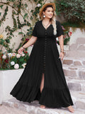 Plus Size Ruffled Hem Button Down V-Neck Short Sleeve Maxi Dress