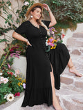 Plus Size Ruffled Hem Button Down V-Neck Short Sleeve Maxi Dress