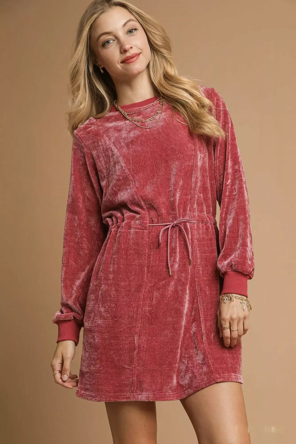 Umgee Velour Drawstring Mini Dress with Long Sleeves