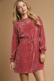 Umgee Velour Drawstring Mini Dress with Long Sleeves