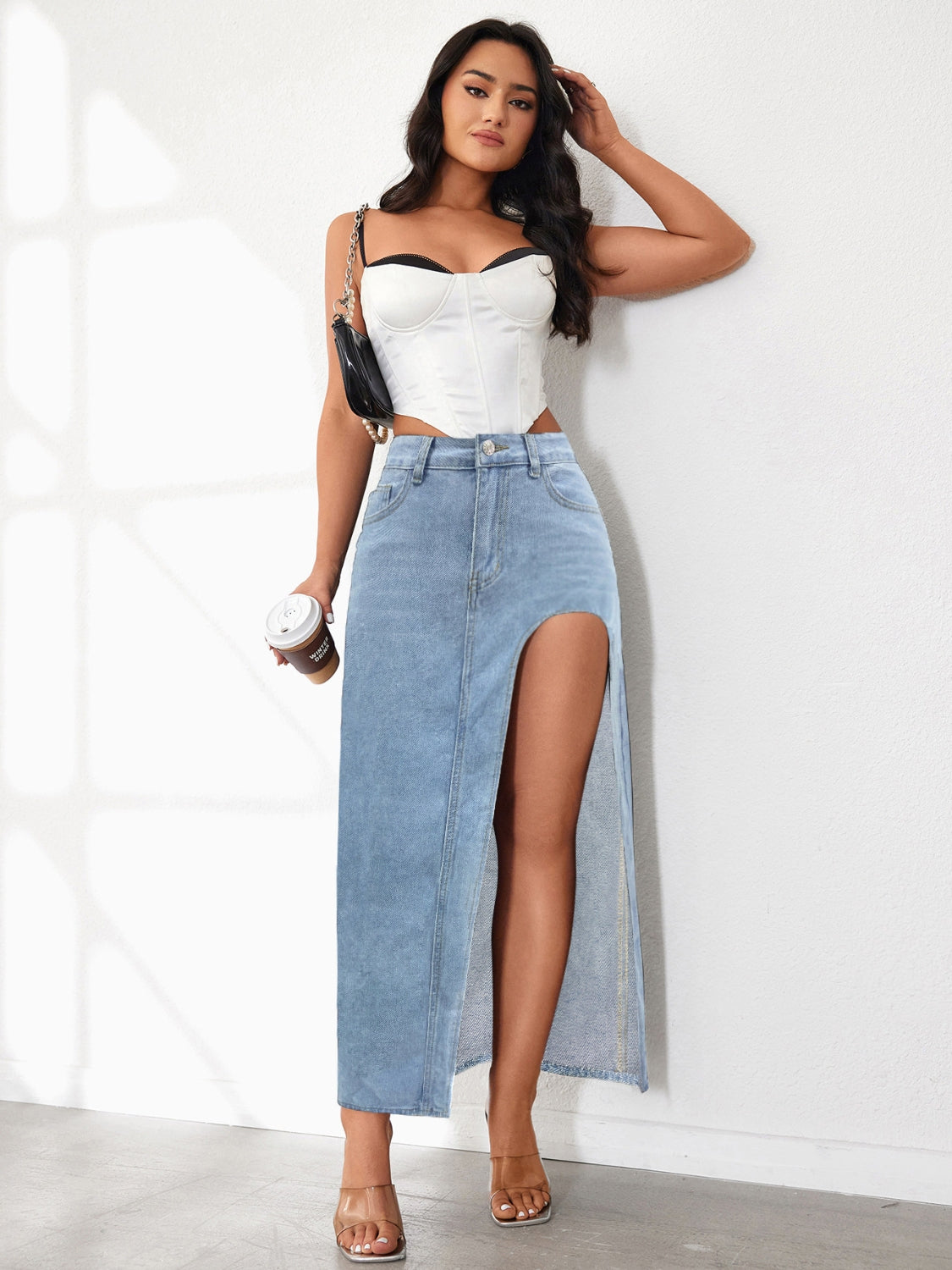 High Rise Slit Denim Skirt - felvior