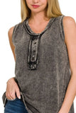 Zenana Washed Half-Button Raw Edge Sleeveless Henley Top