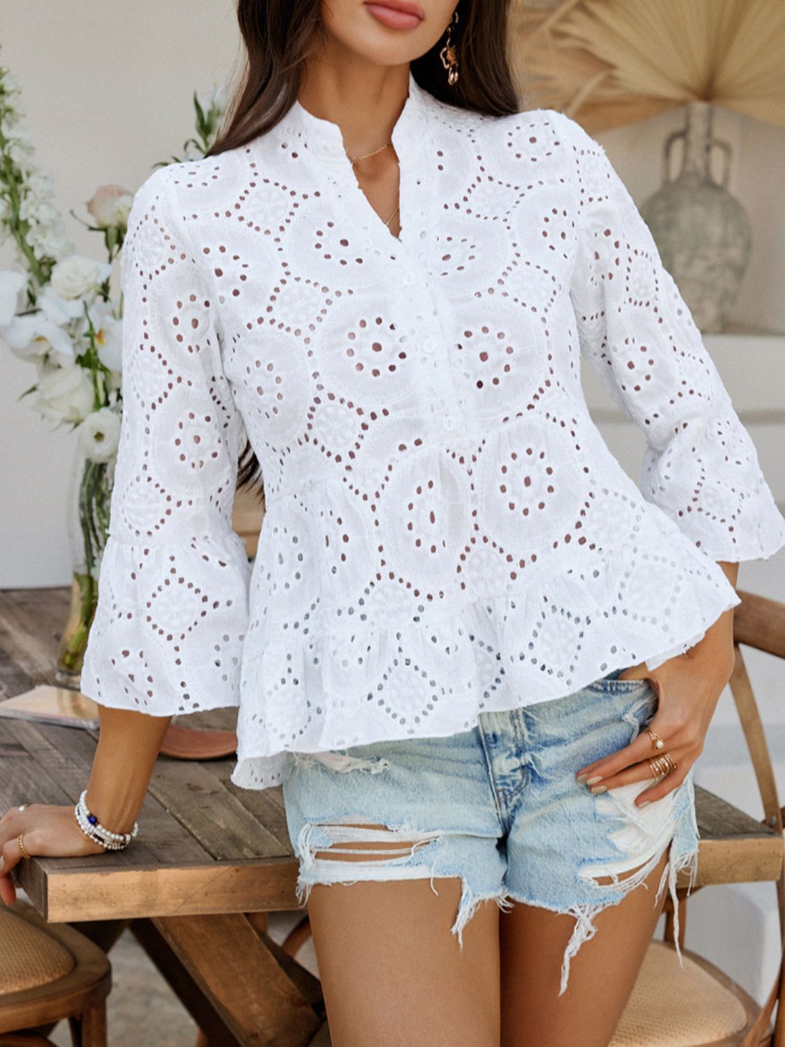 Devine Half Button Flounce Sleeve Peplum Blouse - felvior