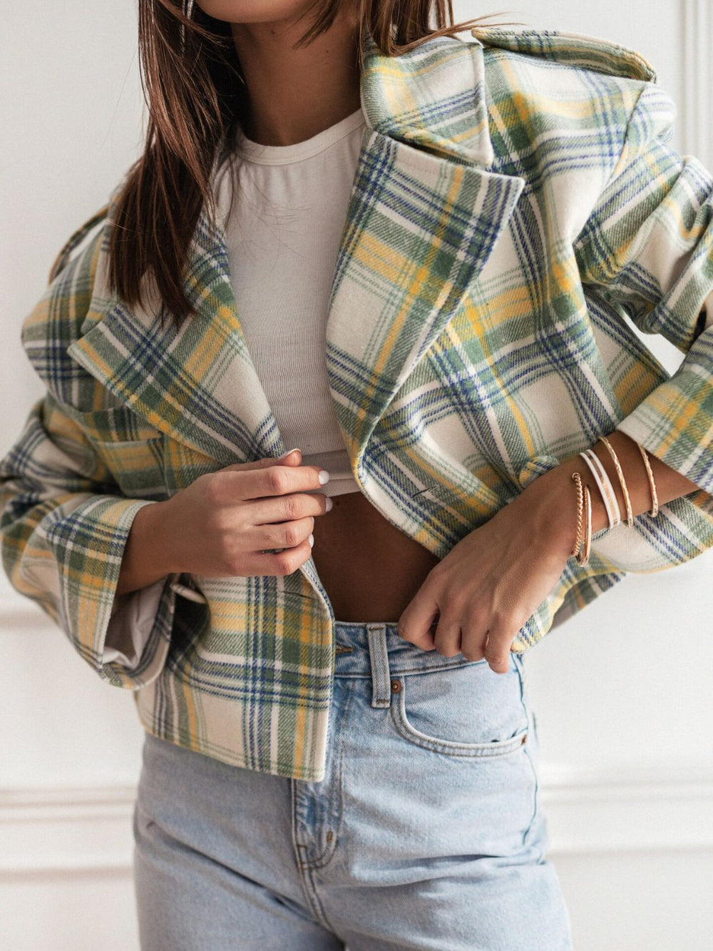 Lapel Collar Plaid Cropped Jacket
