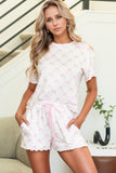Bow Print Lettuce Trim Round Neck Top and Shorts Lounge Set