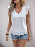 Perfee Eyelet V-Neck Ruffled Cap Sleeve Blouse