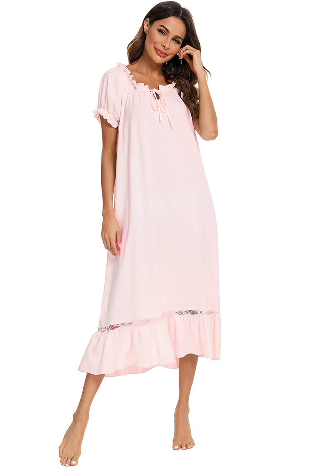 Lace Detail Short Sleeve Lounge Dress - felvior