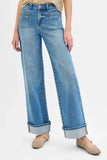 RISEN Full Size Elastic Band Mid Rise Wide Front Patch Pocket Cuff Jeans Plus Size